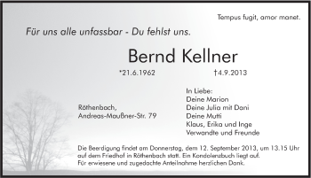 Traueranzeige von Bernd Keller von Pegnitz-Zeitung